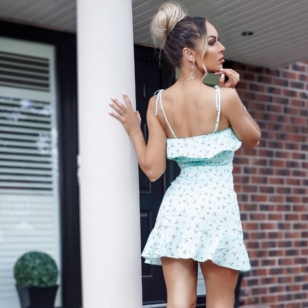 LAST 1! Floral Sleeveless Shirred Mini Wrap Dress - Picture 4 of 9